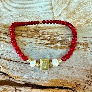 Mahjong bracelet- 3mm bamboo coral beads, mahjong bead, 14k gf beads & pearls